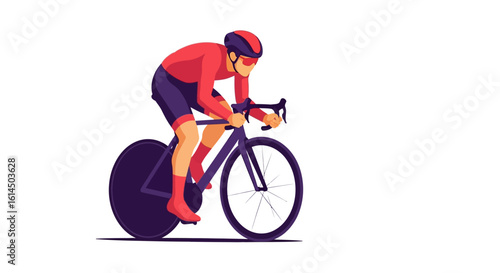 Cyclist illustration. Professional athlete riding a race bike in aerodynamic position wearing sports gear and helmet. Vector illustration.