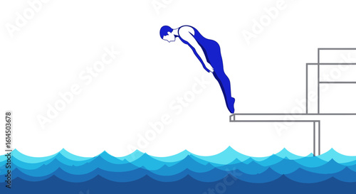 Diving illustration. Athlete performing high dive technique over water. Vector illustration.