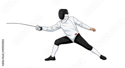 Fencing athlete in action. Sportsman wearing protective gear and striking a lunge position with a foil during a match. Vector illustration.