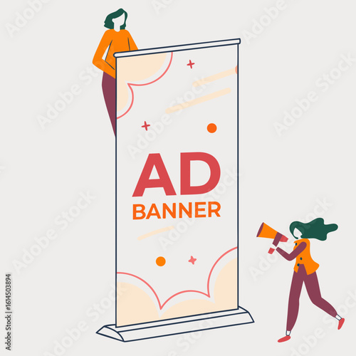 People promoting an ad banner with a megaphone and standing on it