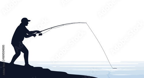 Fishing concept. Silhouette of a man fishing on lakeshore casting rod into water. Vector illustration.