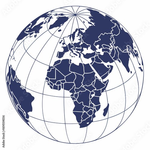 Stylized globe with continents and meridians in dark blue