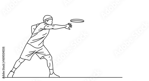 Disc sports illustration. Male athlete throwing frisbee in action pose, outdoors recreation concept. Vector illustration.