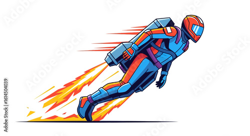 Futuristic jetpack illustration. Dynamic character in a colorful spacesuit flying with rocket propulsion. Vector art.