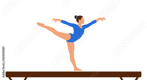 Gymnastics illustration. Female athlete performing balance beam routine in elegant pose. Vector artwork.
