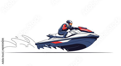 Jet ski adventure illustration. A person riding a modern jet ski on water, showcasing speed and action. Vector illustration.