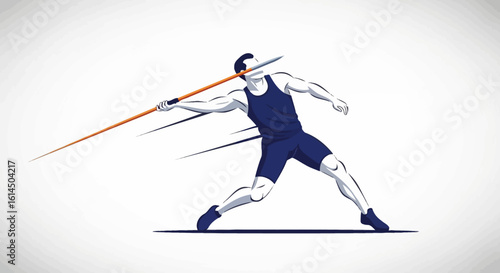 Javelin throw illustration. Athlete in dynamic motion performing a javelin throw in sports competition. Vector illustration.