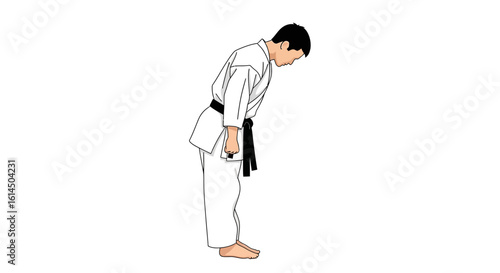 Karate pose illustration. A man in a white karate gi and black belt bowing respectfully as part of martial arts practice. Vector illustration.
