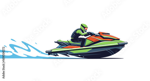Jet ski illustration. Vibrant image of a person riding a jet ski, creating waves and showcasing water sports activity. Vector illustration.