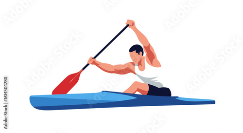 Kayaking illustration. Male athlete paddling in a kayak, practicing water sports. Vector illustration.