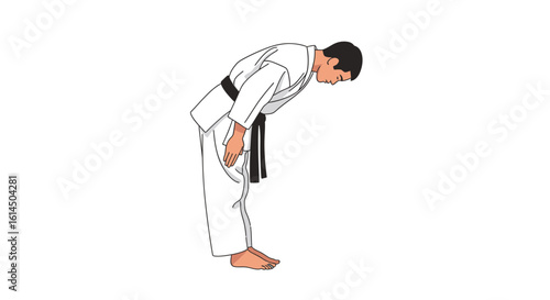 Martial arts respect pose. Male athlete in white karate gi and black belt bows as part of traditional ceremony. Vector illustration.