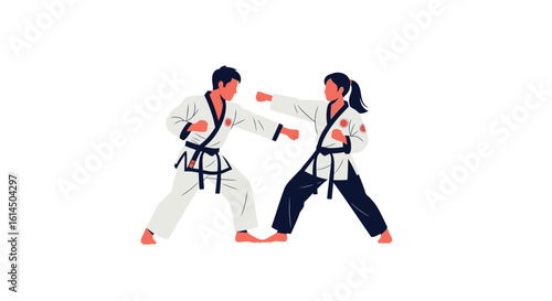 Martial arts training. Male and female athletes practicing karate in traditional uniforms with focused stances. Vector illustration.