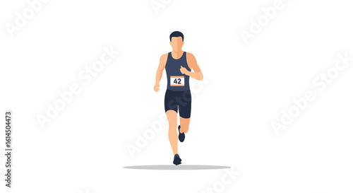 Marathon runner illustration. Athlete jogging in race competition wearing athletic attire and number tag. Vector illustration.