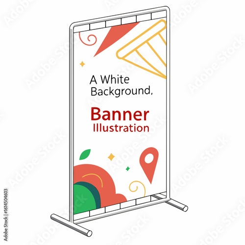 Modern banner stand with abstract graphics and text