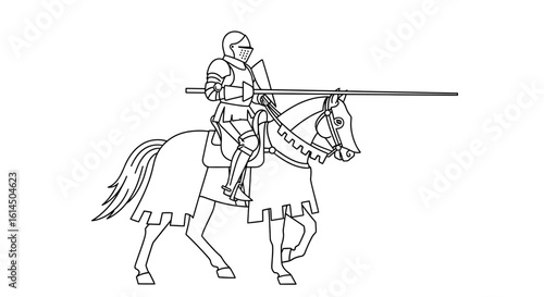 Medieval knight on horseback set. Illustration depicts armored knight holding a lance and riding a horse in traditional medieval style. Vector illustration.
