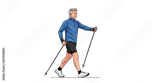 Nordic walking concept. Active senior man exercising outdoors with trekking poles for a fitness routine. Vector illustration.