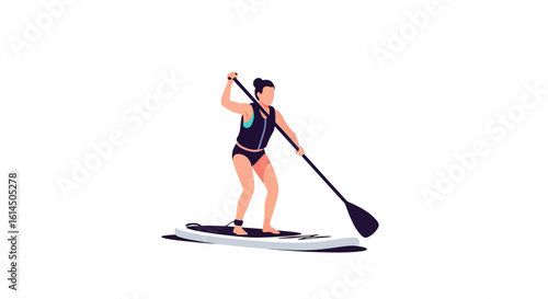 Paddleboarding illustration. Woman standing on paddleboard with oar, engaging in water sport activity. Vector illustration.