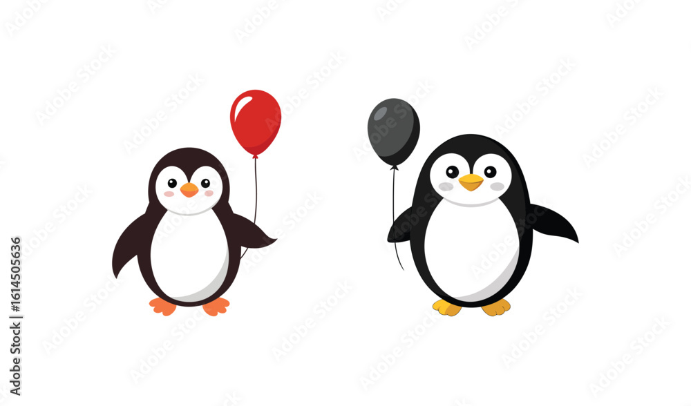Naklejka premium Two cute cartoon penguins holding balloons on a white background