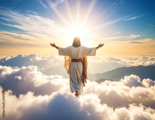 Jesus rising above clouds