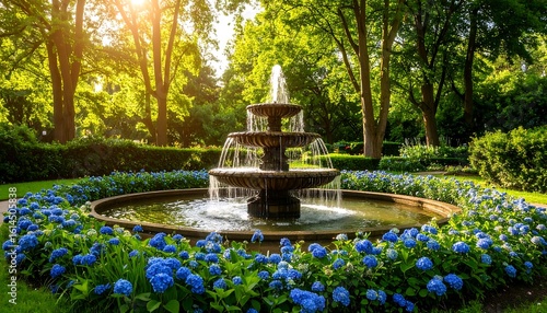 Park fountain surrounded by vibrant blue flowers