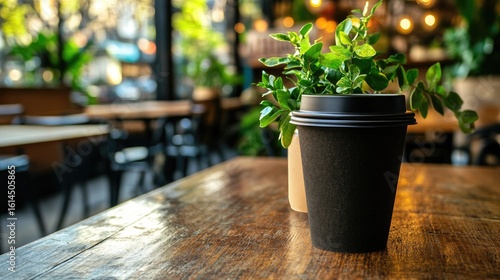 Fototapeta Naklejka Na Ścianę i Meble -  Two disposable coffee cups sit on a rustic wooden table in a sunlit cafe, flanked by a small potted plant.  The background is softly blurred, showing more tables and a view of a street