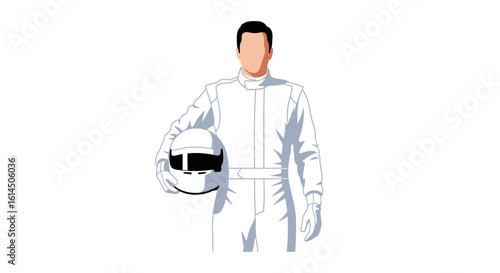 Racing driver illustration. Male figure in professional racing suit holding a helmet. Vector illustration.