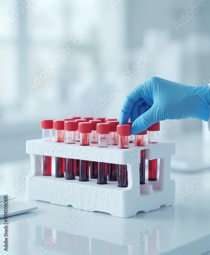 Scientist handling blood samples in a laboratory setting during daylight hours