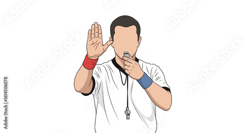 Referee illustration. Sports official blowing whistle and raising hand to signal call during a game. Vector illustration.