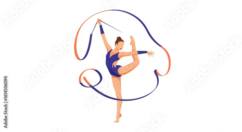 Rhythmic gymnastics illustration. Female gymnast performing with ribbon in a graceful pose. Vector illustration.