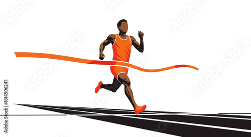 Runner crossing finish line. Athlete in motion achieving victory in race competition. Vector illustration.
