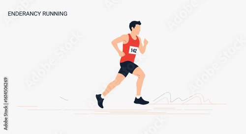 Running athlete illustration. Male marathon runner wearing a racing number participates in endurance sports. Vector illustration.