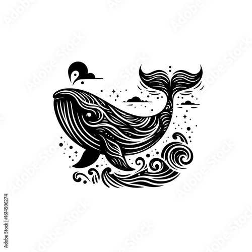 Stylized Black and White Whale Illustration with Swirling Waves.