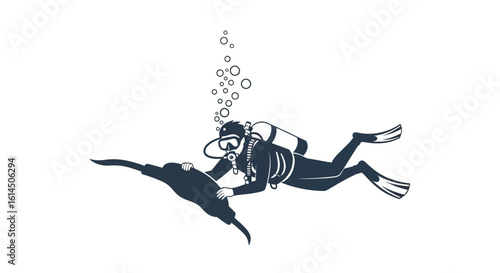 Scuba diving scene. Diver interacting with a manta ray underwater. Vector illustration.