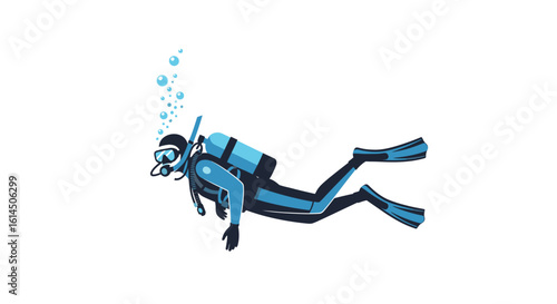 Scuba diving illustration. Detailed image of a diver underwater wearing snorkel gear and fins. Vector illustration.