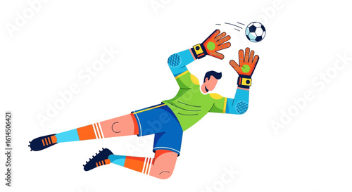 Soccer goalkeeper illustration. Athlete making a diving save to deflect the ball during a match. Vector illustration.