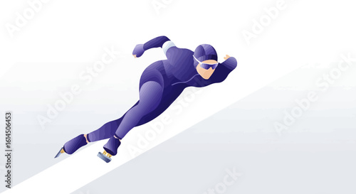 Speed skating illustration. Athlete in professional gear performing a fast skating maneuver on ice. Vector illustration.