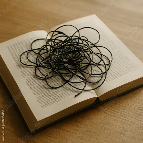 Black tangled wire on top of an open book, symbolizing confusion, disrupted knowledge, or minimalist abstract tech decor.