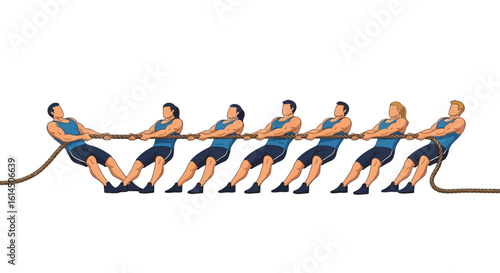 Tug-of-war team set. Group of strong athletes pulling rope in competitive sports activity. Vector illustration.