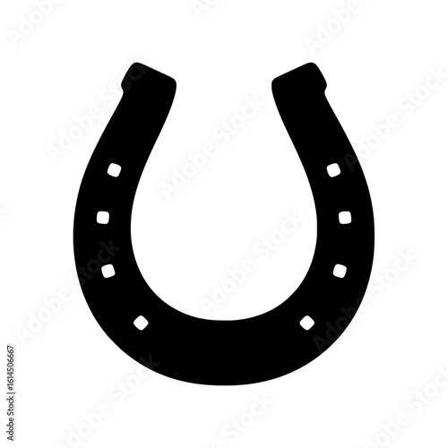 A simple black silhouette of a horseshoe, featuring rounded ends and nail holes along its curved edges, symbolizing good luck.