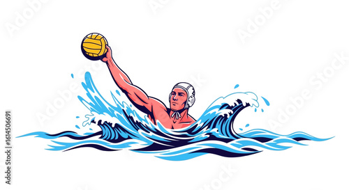Water polo player illustration. Athlete holding ball while swimming in dynamic water scene. Vector illustration.