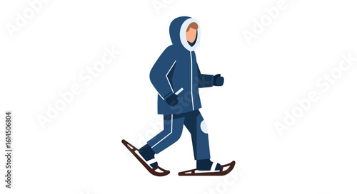 Winter activity illustration. Person in warm clothing snowshoeing outdoors in cold weather. Vector illustration.