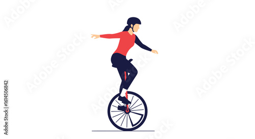 Unicycling woman illustration. Female rider balancing on a single-wheel bicycle wearing a helmet. Vector illustration.