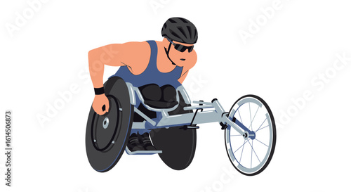 Athlete in wheelchair racing. Adaptive sports concept showing a person in a racing wheelchair wearing a helmet during a competitive event. Vector illustration.