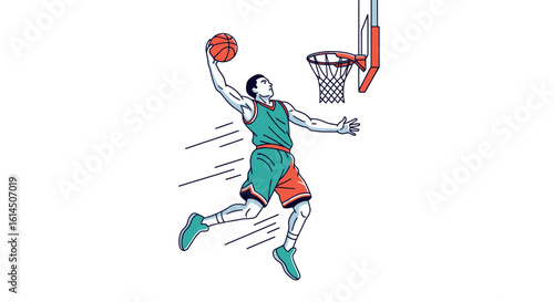 Basketball action illustration. Athlete performing slam dunk with dynamic motion. Vector illustration.