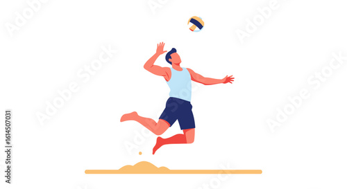 Beach volleyball concept. Male athlete jumping to hit the ball during a game. Vector illustration.