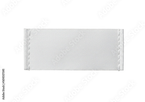A blank white fabric label with stitched edges, isolated on a transparent background