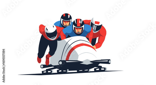 Bobsledding team illustration. Athletes pushing a sled during a competitive winter sport race. Vector illustration.