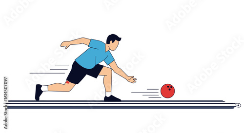 Bowling player illustration. Male athlete rolling a ball on the bowling alley in a dynamic pose. Vector illustration.