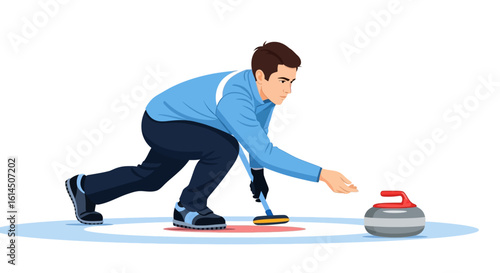 Curling illustration. Male athlete pushing a curling stone on an ice rink during a game. Vector illustration.