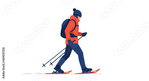 Winter sports illustration. Cross-country skier in winter gear trekking across snowy terrain. Vector illustration.